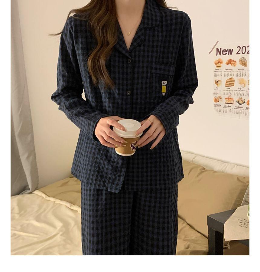 Pajama Set: Gingham Button-Up Shirt + Pants Product Image