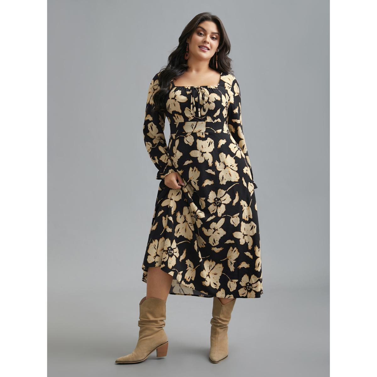 Plus Size Square Neck Silhouette Flower Ruffled Dress Black Women Resort Tie knot Square Neck Long Sleeve Curvy BloomChic 28/5X Product Image