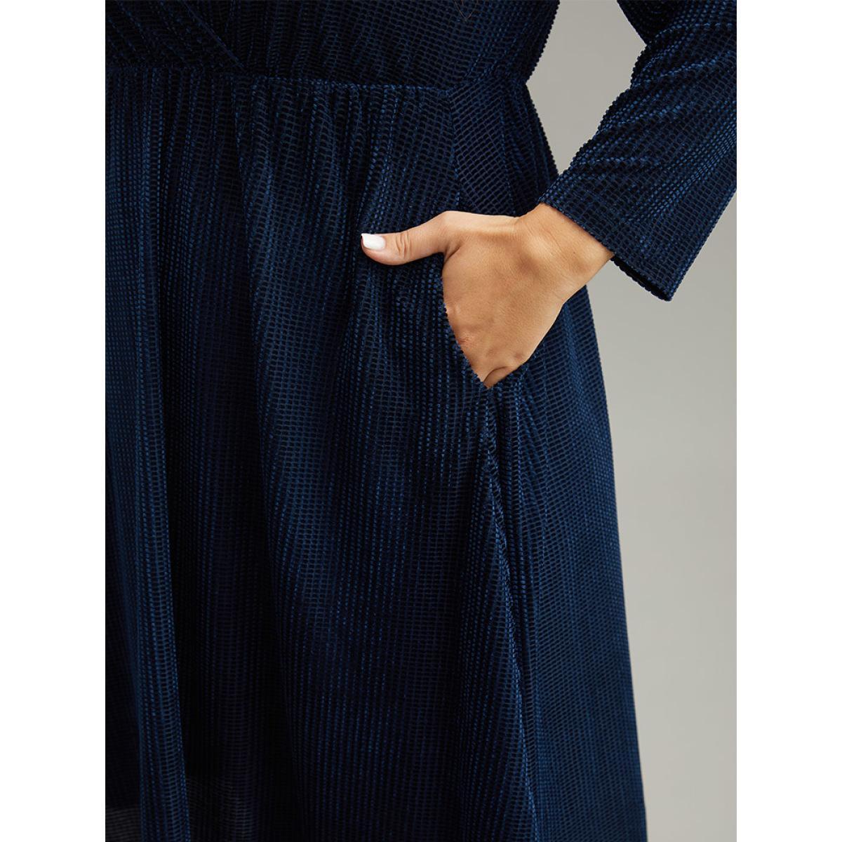 Plus Size Plain Textured Velvet Ruffle Hem Dress Indigo Women Glamour Texture Overlap Collar Long Sleeve Curvy Midi Dress BloomChic 12/L Product Image