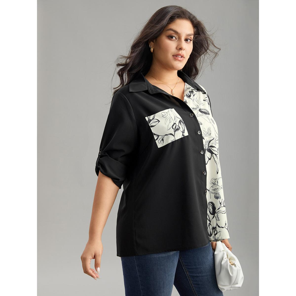 Plus Size Black Silhouette Floral Print Twill Shirt Collar Contrast Blouse Women Office Long Sleeve Shirt collar Work Blouses BloomChic 30/6X Product Image