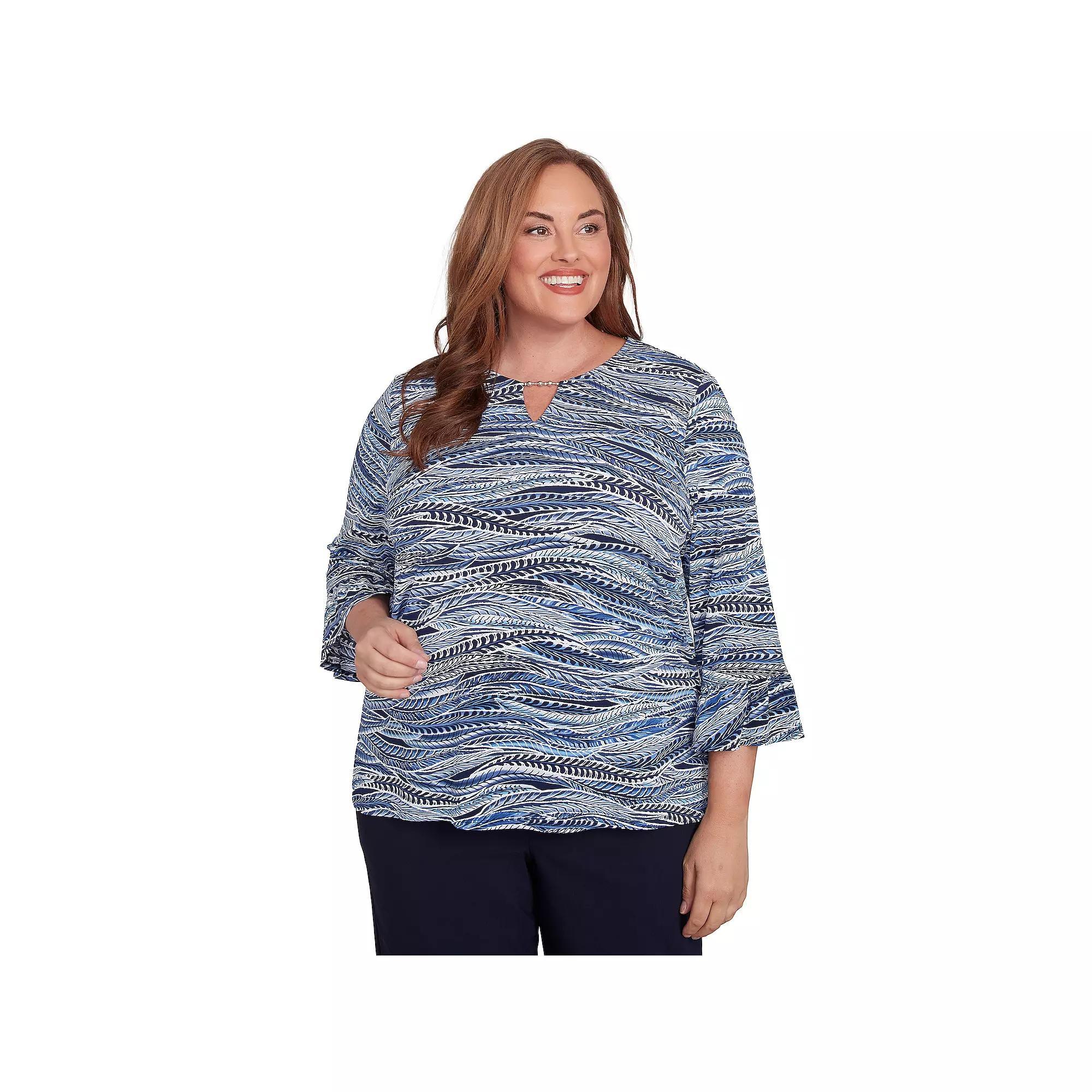 Plus Size Alfred Dunner Beaded Split Neck Feathers Top, Women's, Size: 1XL, Blue Product Image