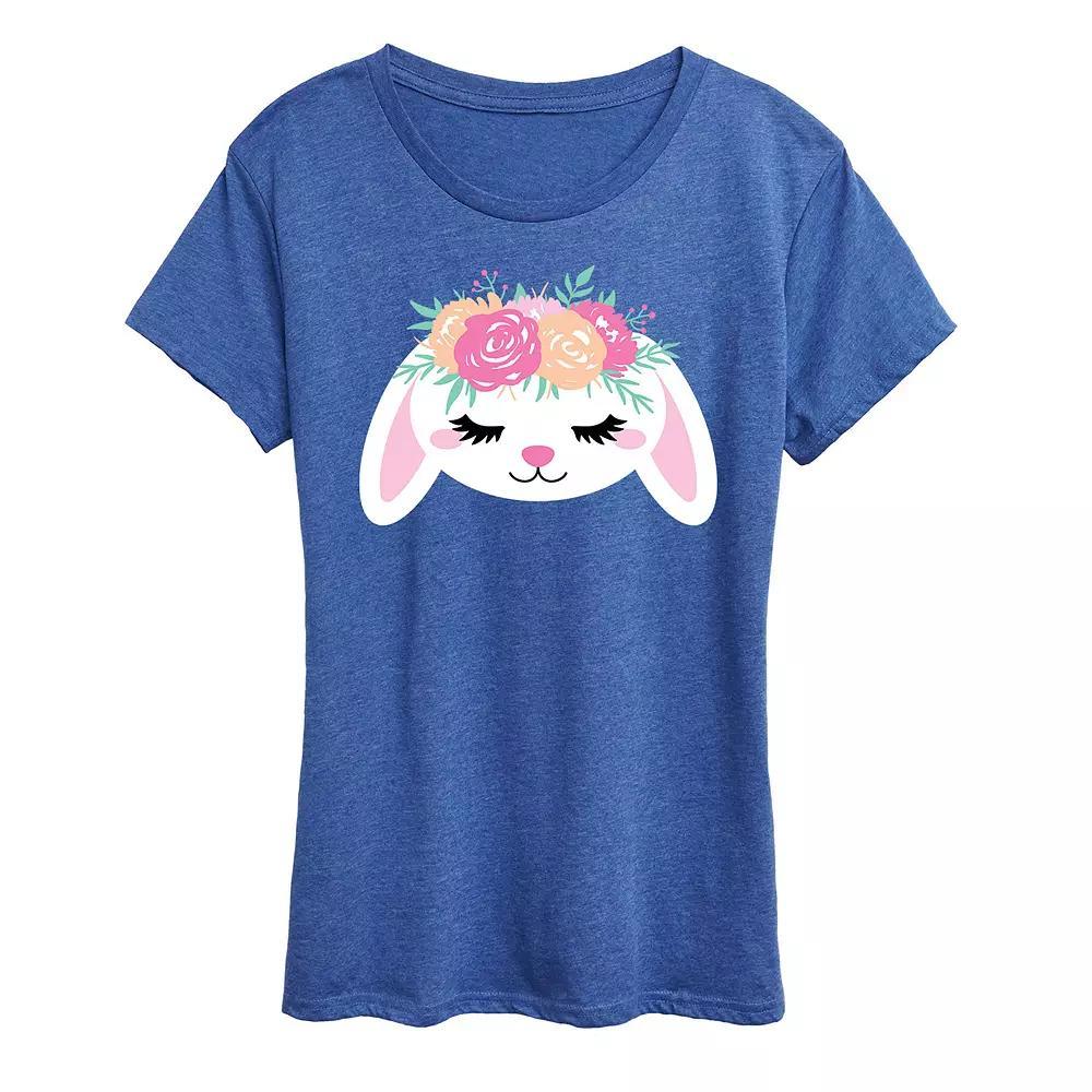 Womens Bunny Face With Flower Crown Graphic Tee Grey Royal Blue Product Image