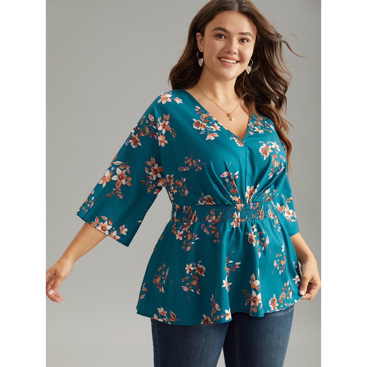Plus Size Aegean Floral Print Shirred Plicated Detail Blouse Women Elegant Elbow-length sleeve V-neck Dailywear Blouses BloomChic 22-24/3X Product Image