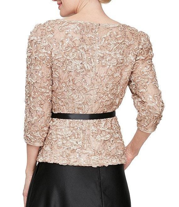 Alex Evenings Petite Size Boat Neck 3/4 Sleeve Fitted Lace Soutache Blouse Product Image