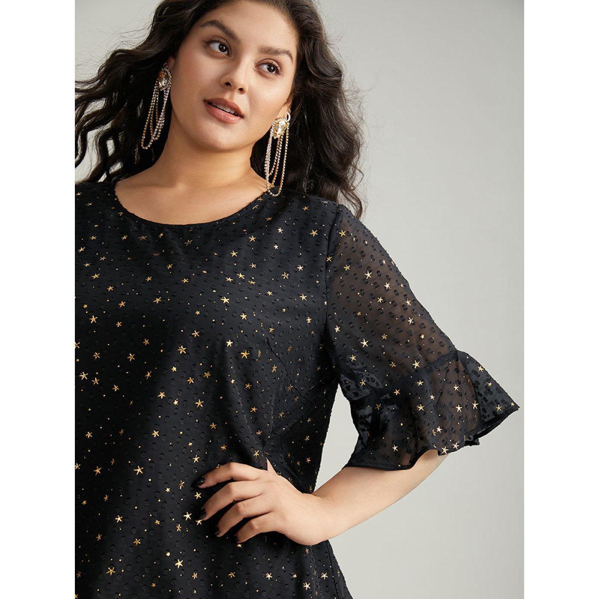 Plus Size Black Star Glitter Flutter Sleeve Mesh Blouse Women Glamour Half Sleeve Round Neck Festival-Christmas Blouses BloomChic 22-24/3X Product Image