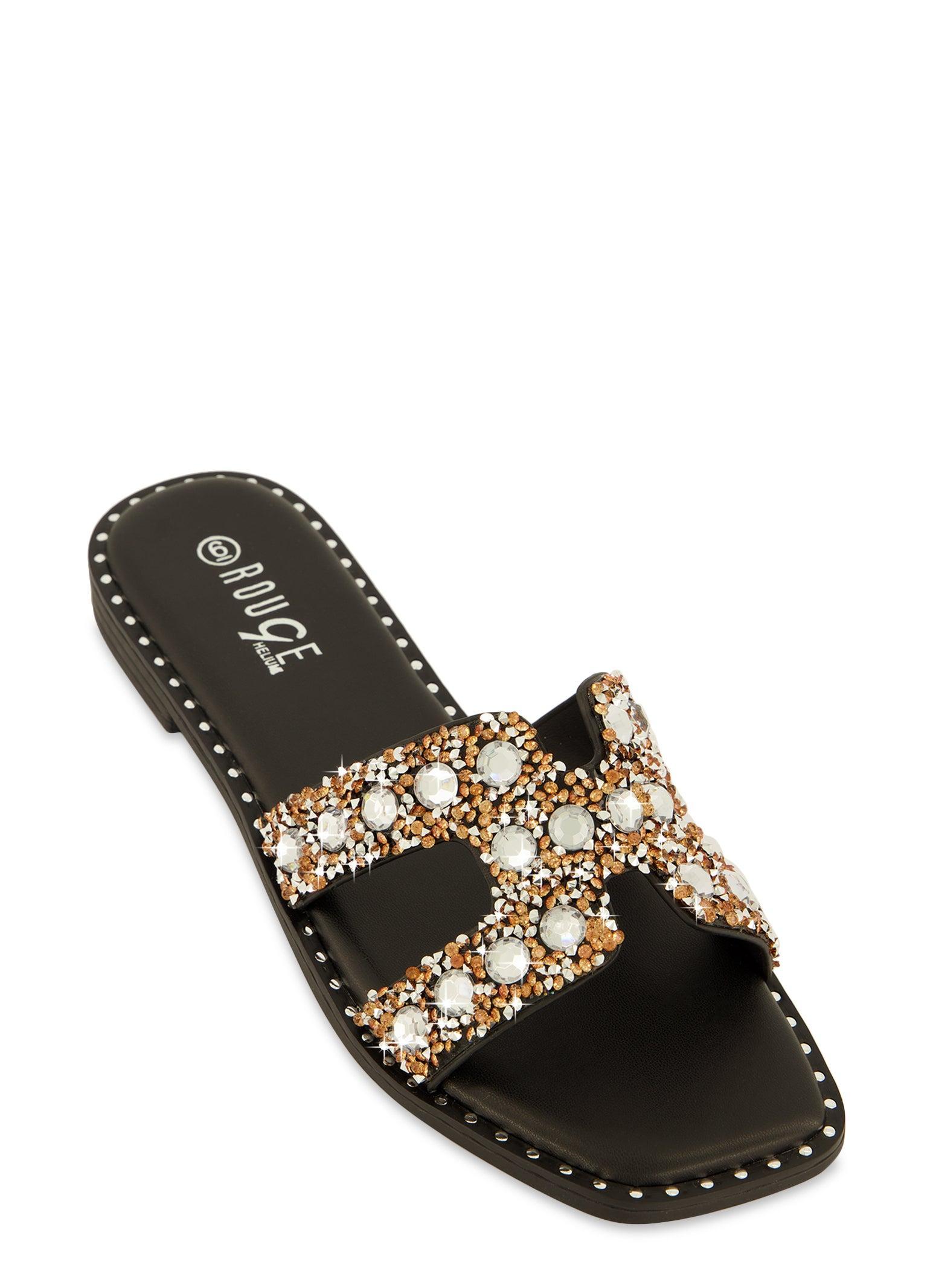 Womens Rhinestone Studded Cut Out Band Slide Sandals Product Image