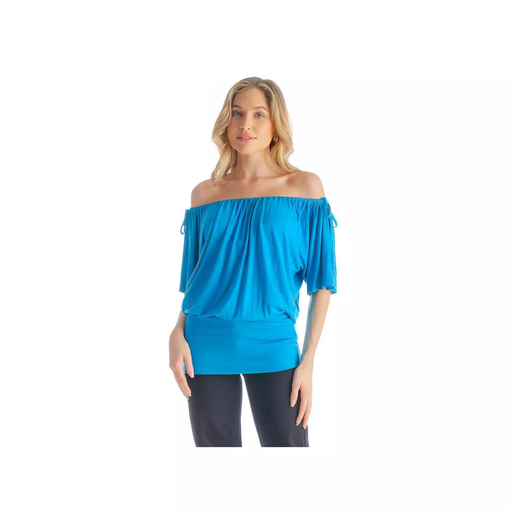 Women's 24Seven Comfort Apparel Solid Short Sleeve Split Shoulder Top, Size: Small, Turquiose Product Image