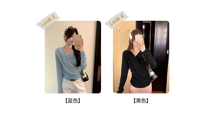 Long-Sleeve Asymmetrical Neck Plain Ruched Slim Fit Knit Top Product Image