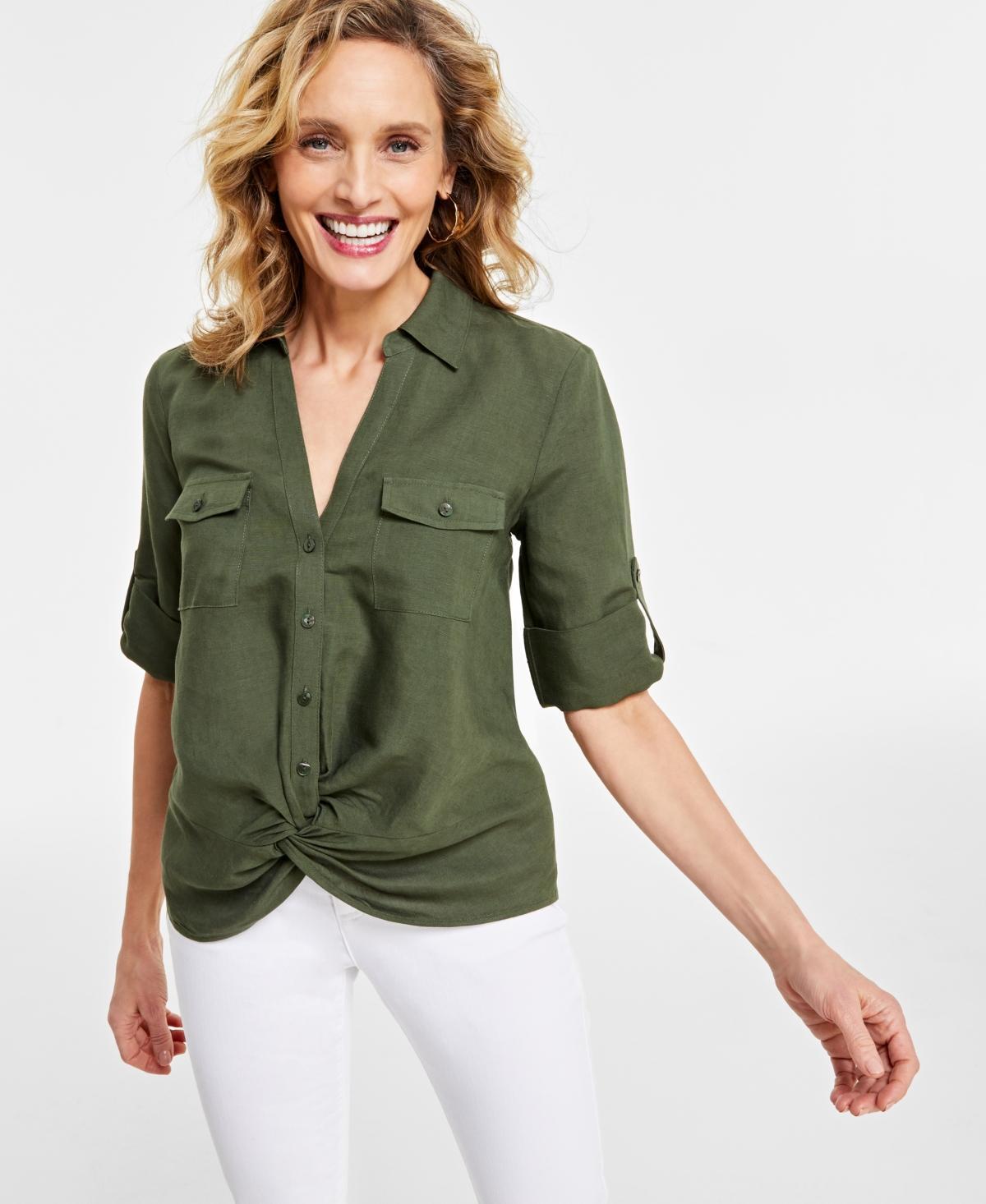 I.n.c. International Concepts Womens Linen Twist-Hem Blouse, Created for Macys Product Image