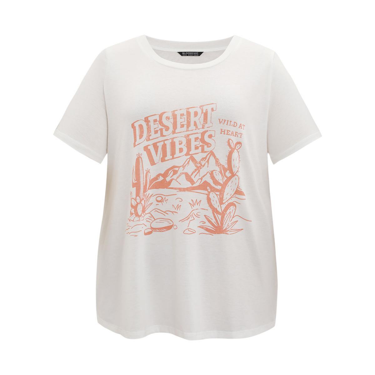 Plus Size Cactus & Letter Print Crew Neck T-shirt White Women Casual Printed Landscape Dailywear T-shirts BloomChic 30/6X Product Image