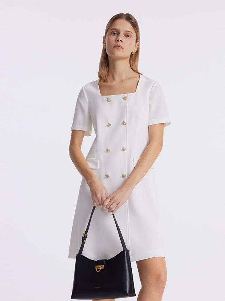 Triacetate Square Neck Double-Breasted Women Mini Dress Product Image