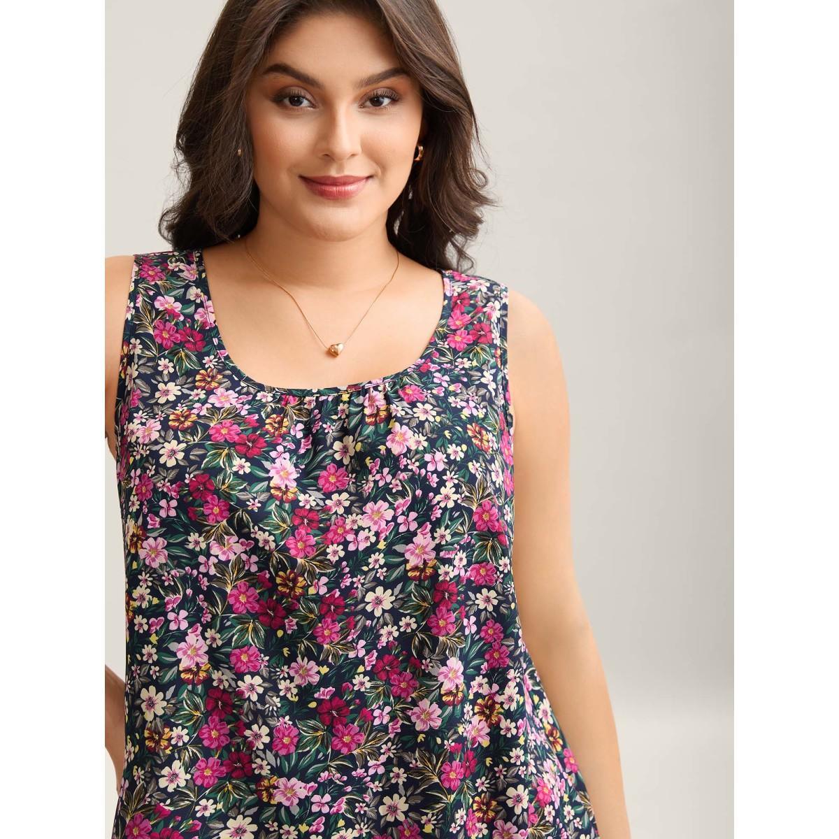 Plus Size Floral Print Pleated Neck Tank Top Women Midnight Gathered U-neck Everyday-Elegant Tank Tops Camis BloomChic 18-20/2X Product Image