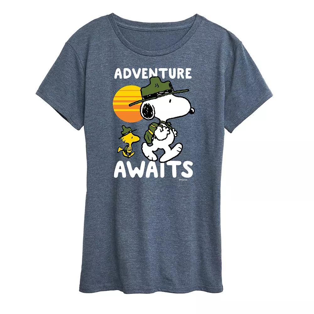 Womens Peanuts Snoopy & Woodstock Adventure Awaits Graphic Tee Grey Blue Product Image