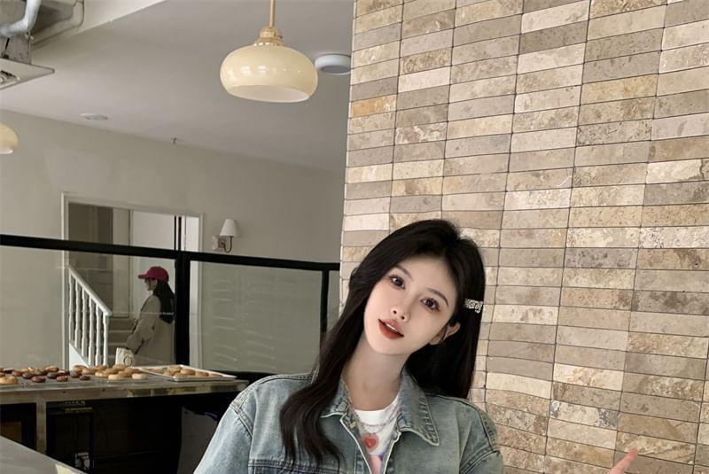 Collared Embroidered Washed Button-Up Denim Jacket Product Image
