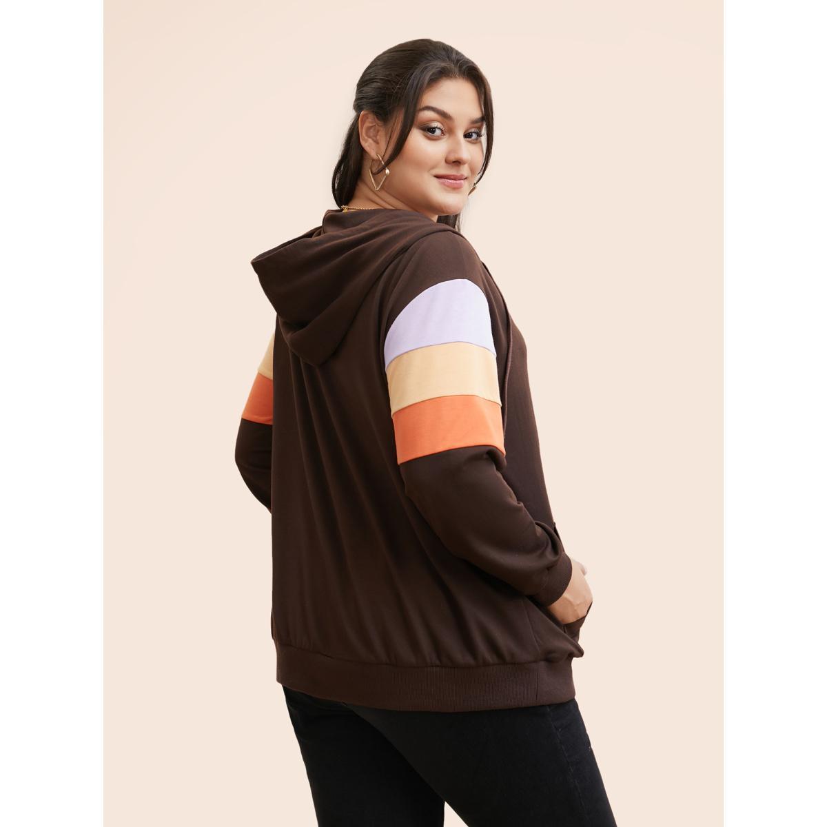 Plus Size Colorblock Contrast Pocket Hooded Sweatshirt Women DarkBrown Casual Contrast Hooded Everyday Sweatshirts BloomChic 14-16/1X Product Image