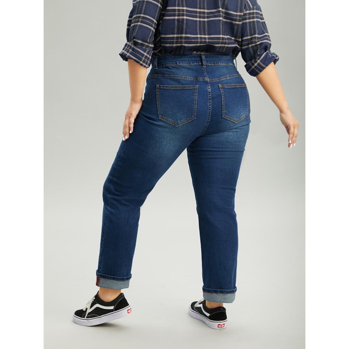 Plus Size Straight Leg Zipper Roll Hem Dark Wash Jeans Women DarkBlue Casual Plain Plain High stretch Pocket Jeans BloomChic 26/4X Product Image
