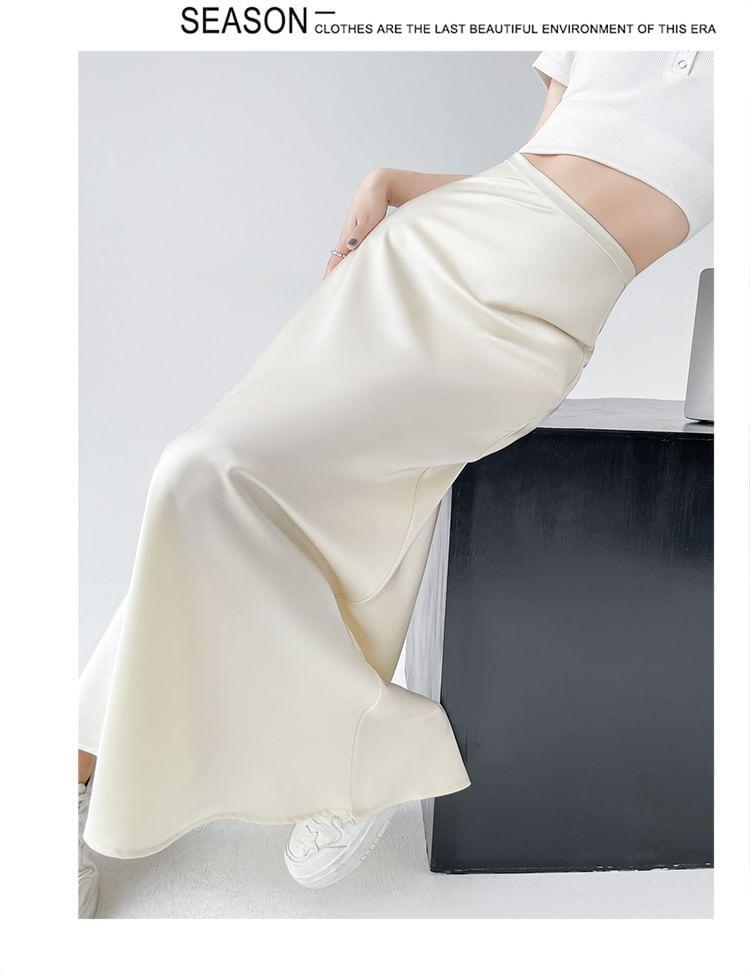 High Waist Plain Satin Maxi A-Line Skirt Product Image