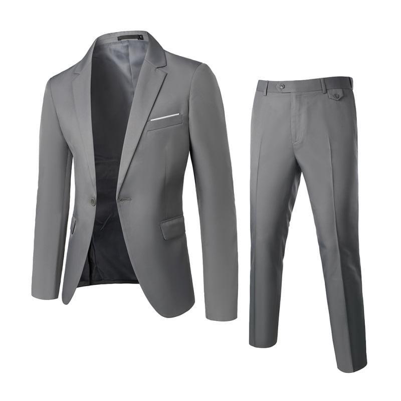 Set: Lapel Collar Contrast Trim One-Buttoned Blazer + Mid Rise Straight Leg Dress Pants Product Image