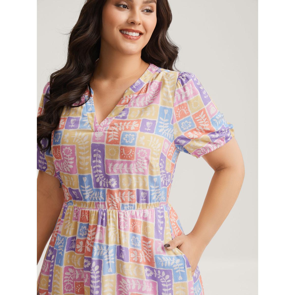 Plus Size Rayon Floral Collage Stretchy Waist Midi Dress Multicolor Women Flat collar with V-notch Short sleeve Curvy BloomChic 22-24/3X Product Image