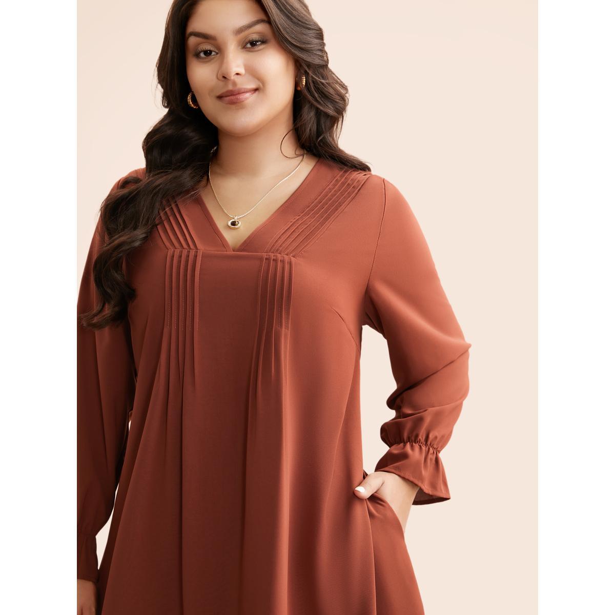 Plus Size V Neck Pleated Lantern Sleeve Dress Rust Women At the Office Tucked seam V-neck Long Sleeve Curvy BloomChic 10/M Product Image