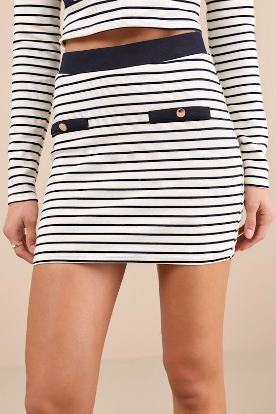 Uptown Aura Ivory Striped High-Waisted Mini Skirt Product Image