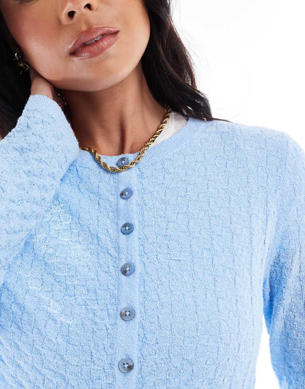 ASOS DESIGN knitted stitch detail crew neck cardigan in blue Product Image