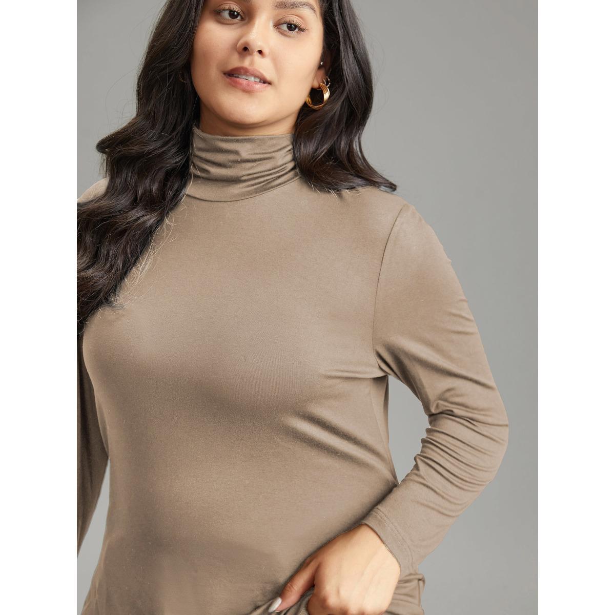 Plus Size Supersoft Essentials Solid Funnel Neck Knit T-shirt LightBrown Women Elegant Plain Plain Ruffled collar Bodycon Dailywear T-shirts BloomChic 30/6X Product Image