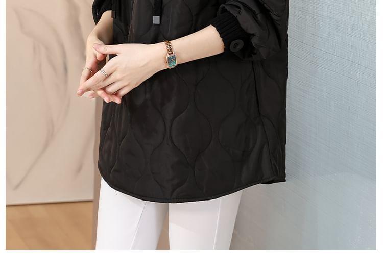 Plain Patchwork Hooded Cable-Knit Sweater Product Image