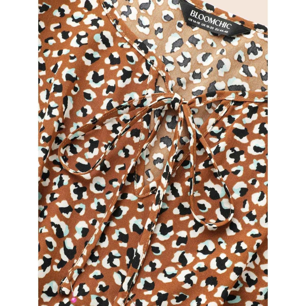 Plus Size Leopard Print Tie Knot Midi Dress Yellowishbrown Women At the Office Tie knot V-neck Long Sleeve Curvy BloomChic 22-24/3X Product Image