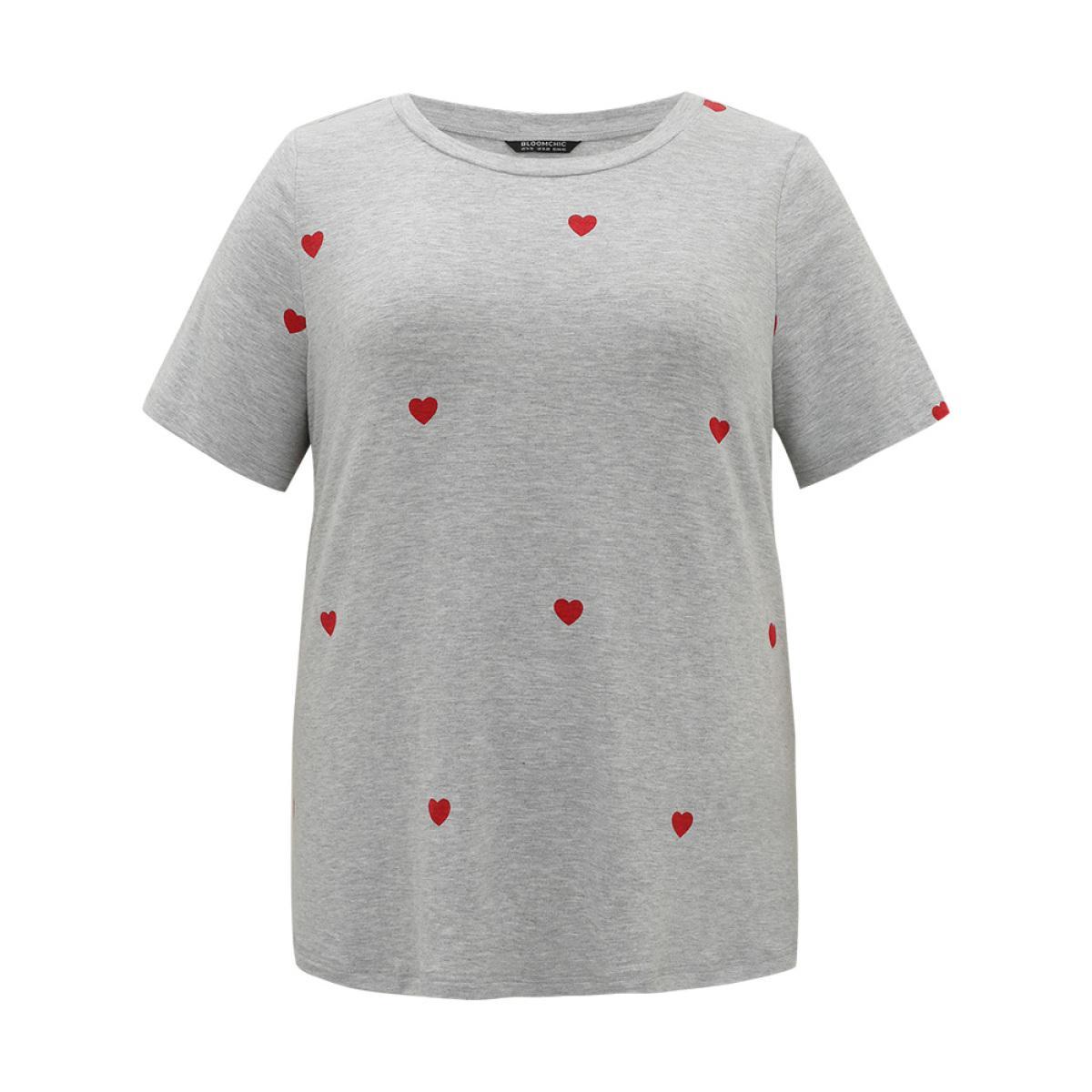 Plus Size Heart Print Crew Neck T-shirt Gray Women Casual Printed Heart Print Round Neck Dailywear T-shirts BloomChic 18-20/2X Product Image