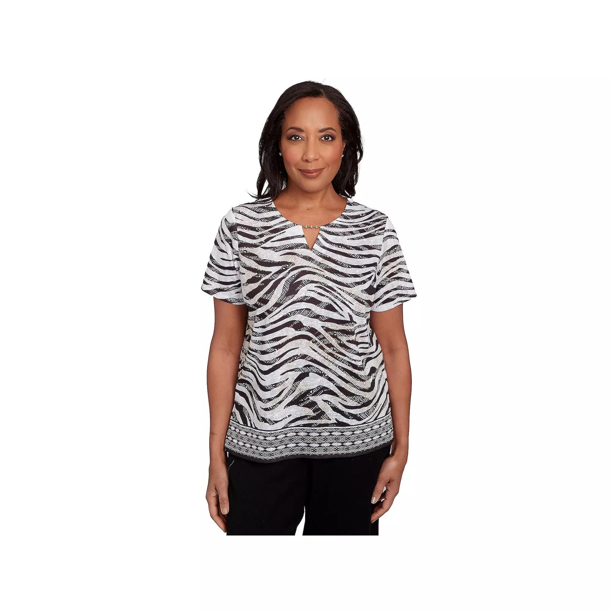 Women's Alfred Dunner Beaded Split Neck Animal Print Top, Size: Small, Black And Product Image