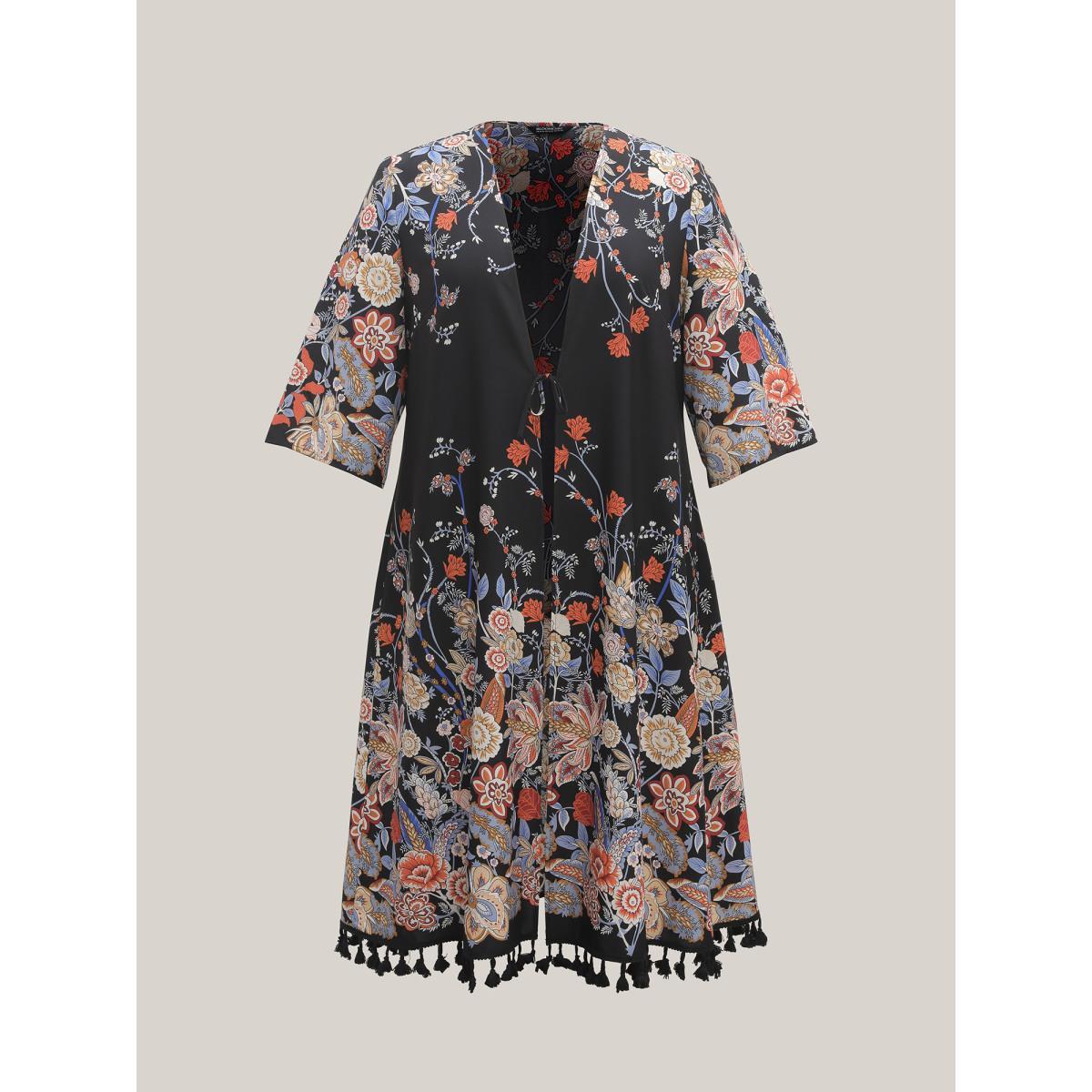 Plus Size Romantic Floral Print Vacation Kimono Cardigan Women Black Resort Tie knot Loose Vacation Kimonos BloomChic 14-16/1X Product Image
