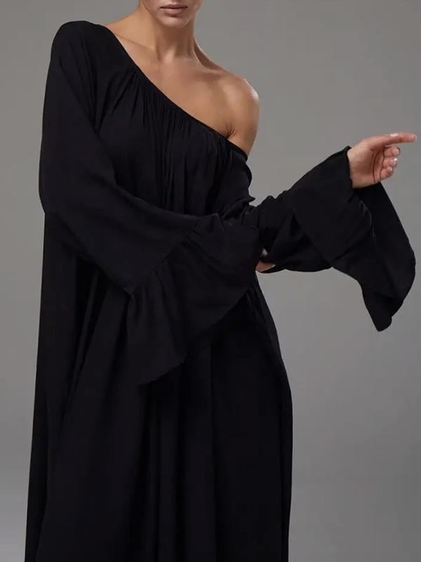 Flared Sleeves Loose Pleated Solid Color Split-Joint Round-Neck Maxi Dresses Product Image