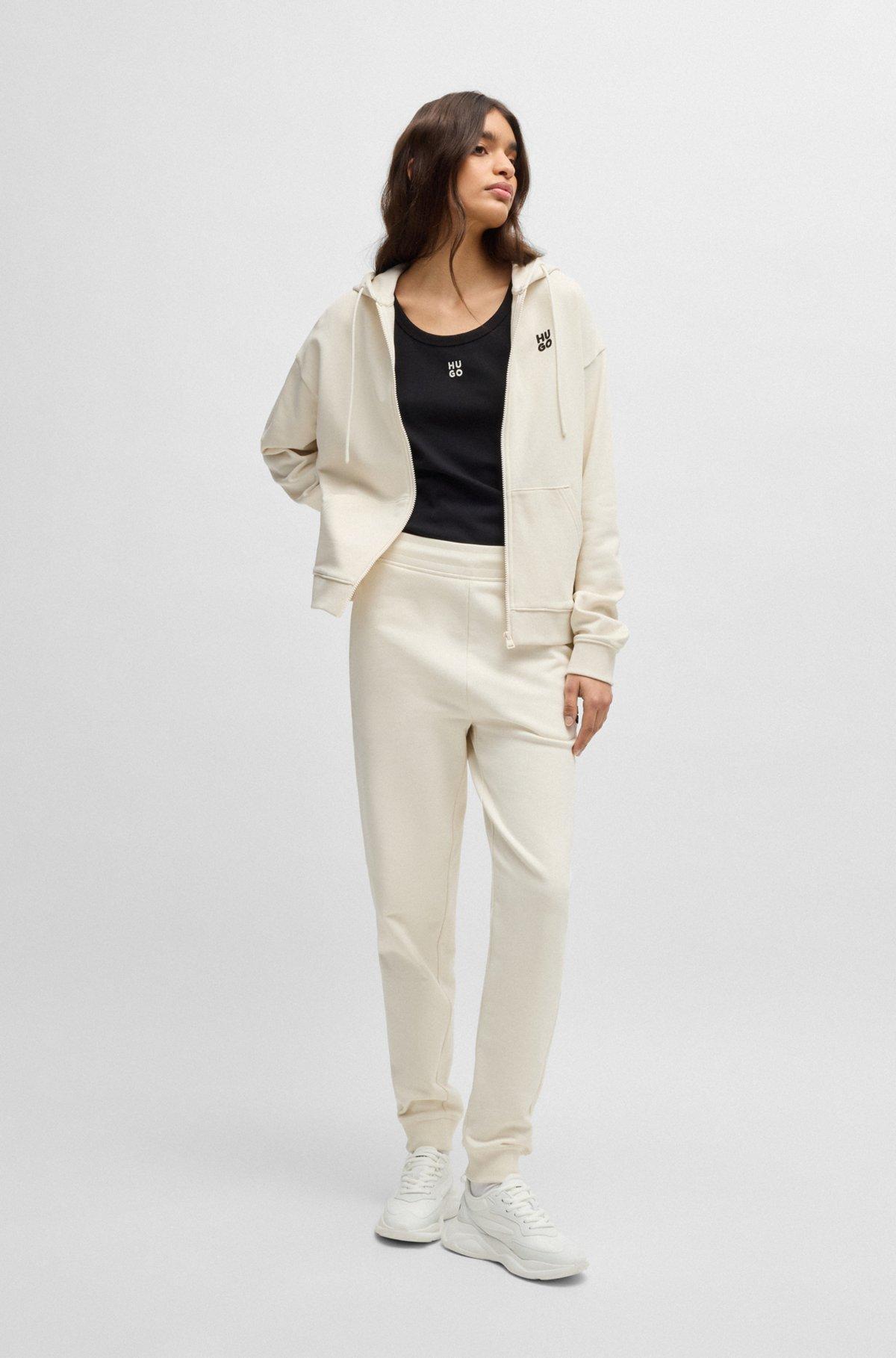 HUGO - Cotton-terry zip-up hoodie with embroidered stacked logo - White Product Image