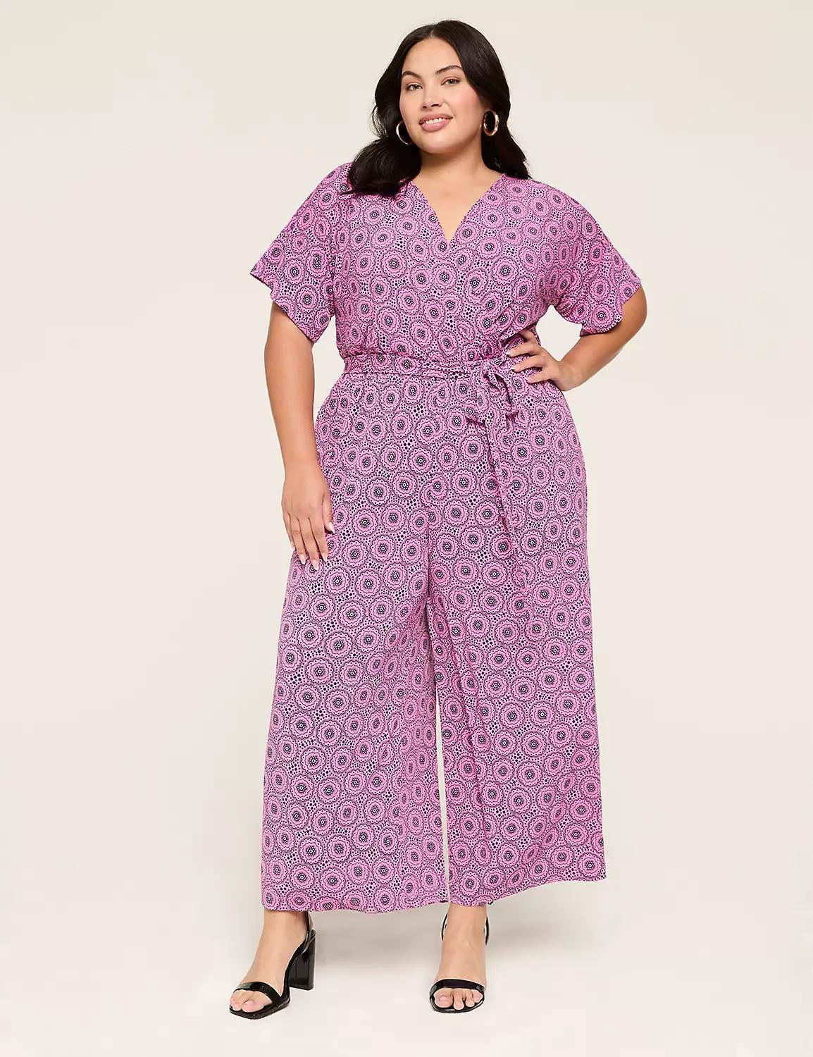 Surplice-Neck Tie-Waist Jersey Jumpsuit Product Image