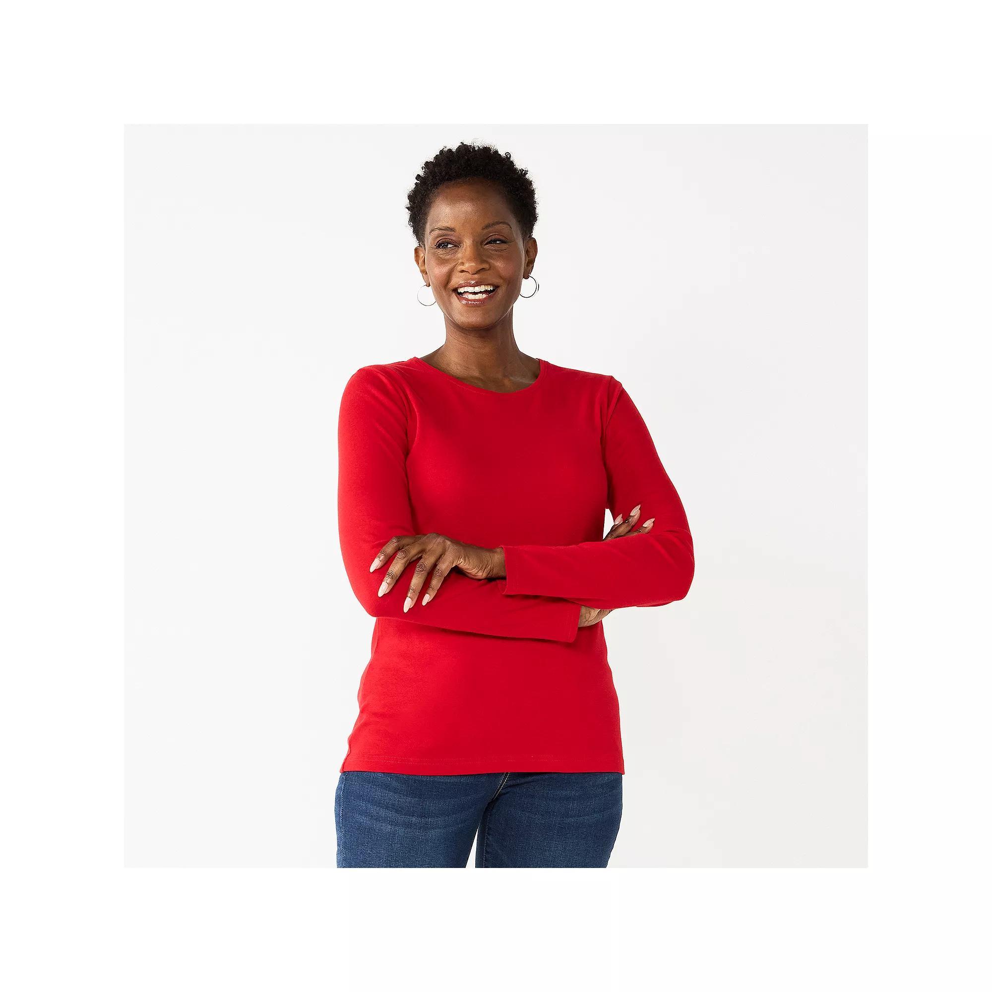 Petite Croft & Barrow® Crewneck Long-Sleeve Tee, Women's, Size: Small Petite, Pink Product Image