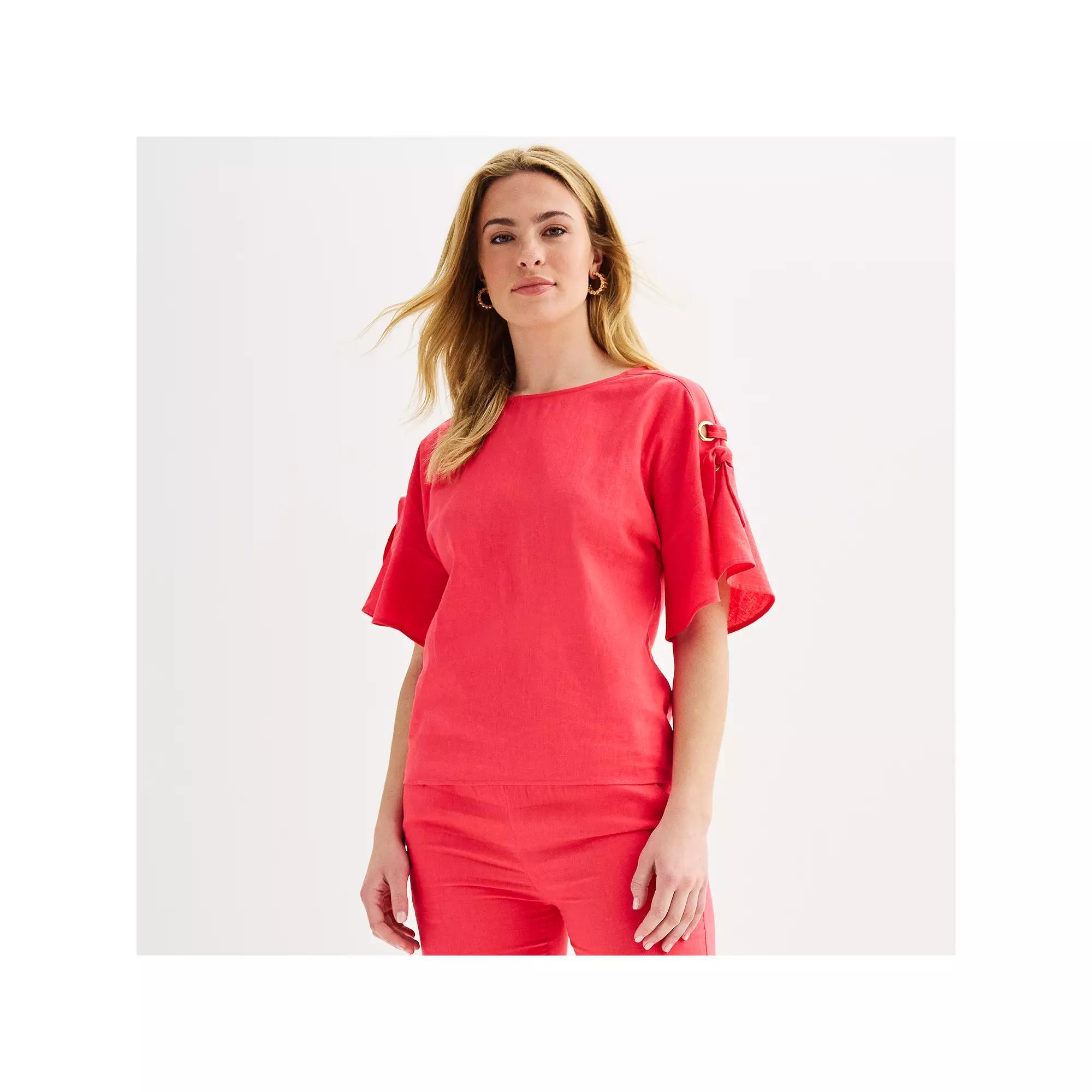Women's Ellen Tracy Linen Flutter Sleeve Top, Size: XS, Geranium Pink Product Image