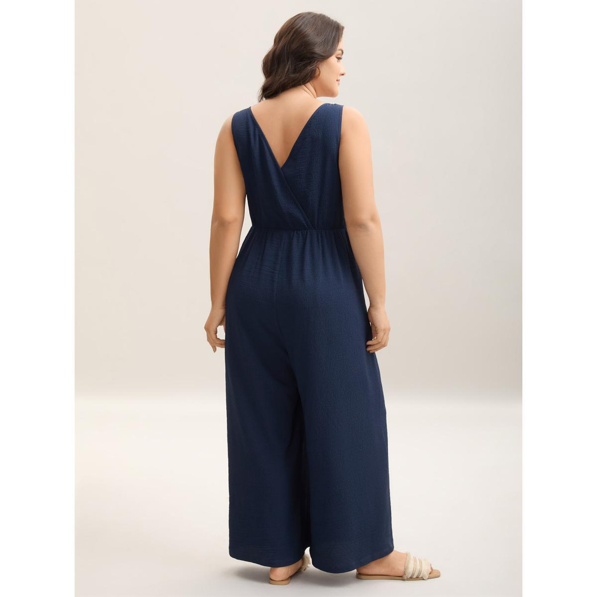 Plus Size Black Shirred Pockets Wide-Leg Plain Jumpsuit Women Sleeveless Non Vacation Loose Jumpsuits BloomChic 12/L Product Image