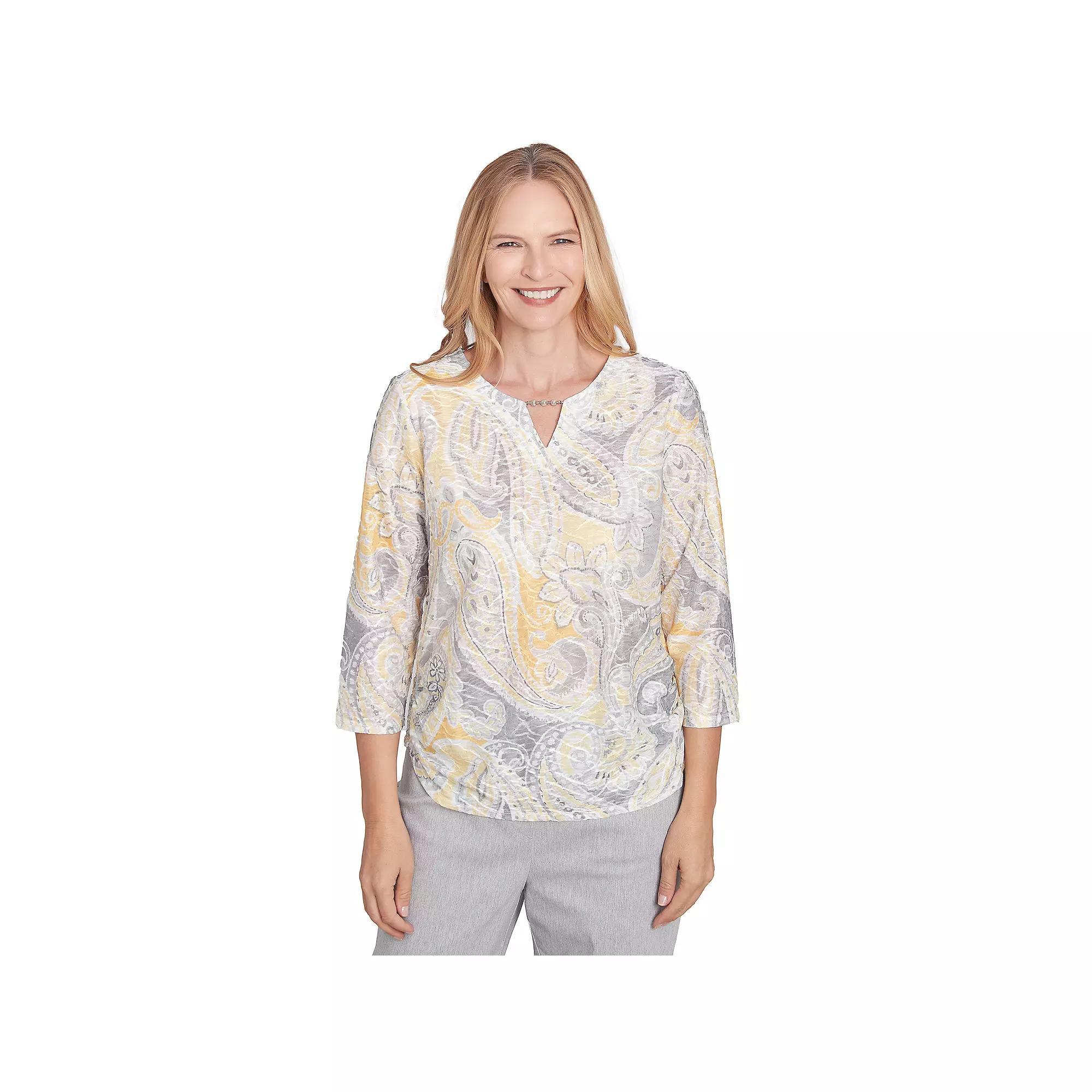 Petite Alfred Dunner Textured Paisley Beaded Neck Top, Women's, Size: Medium Petite, Gray Team Product Image
