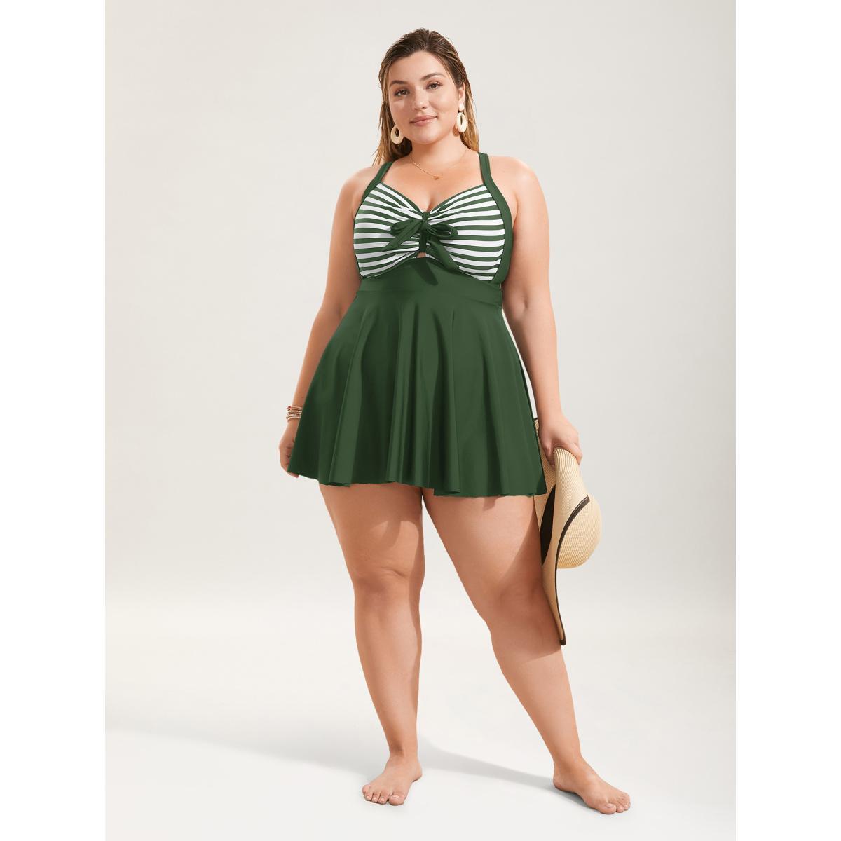 Plus Size Stripes Patchwork Tie Knot Cross Straps Swim Dress Women's Swimwear ArmyGreen Beach Bodycon Heart neckline High stretch Curve Swim Dresses BloomChic 14-16/1X Product Image