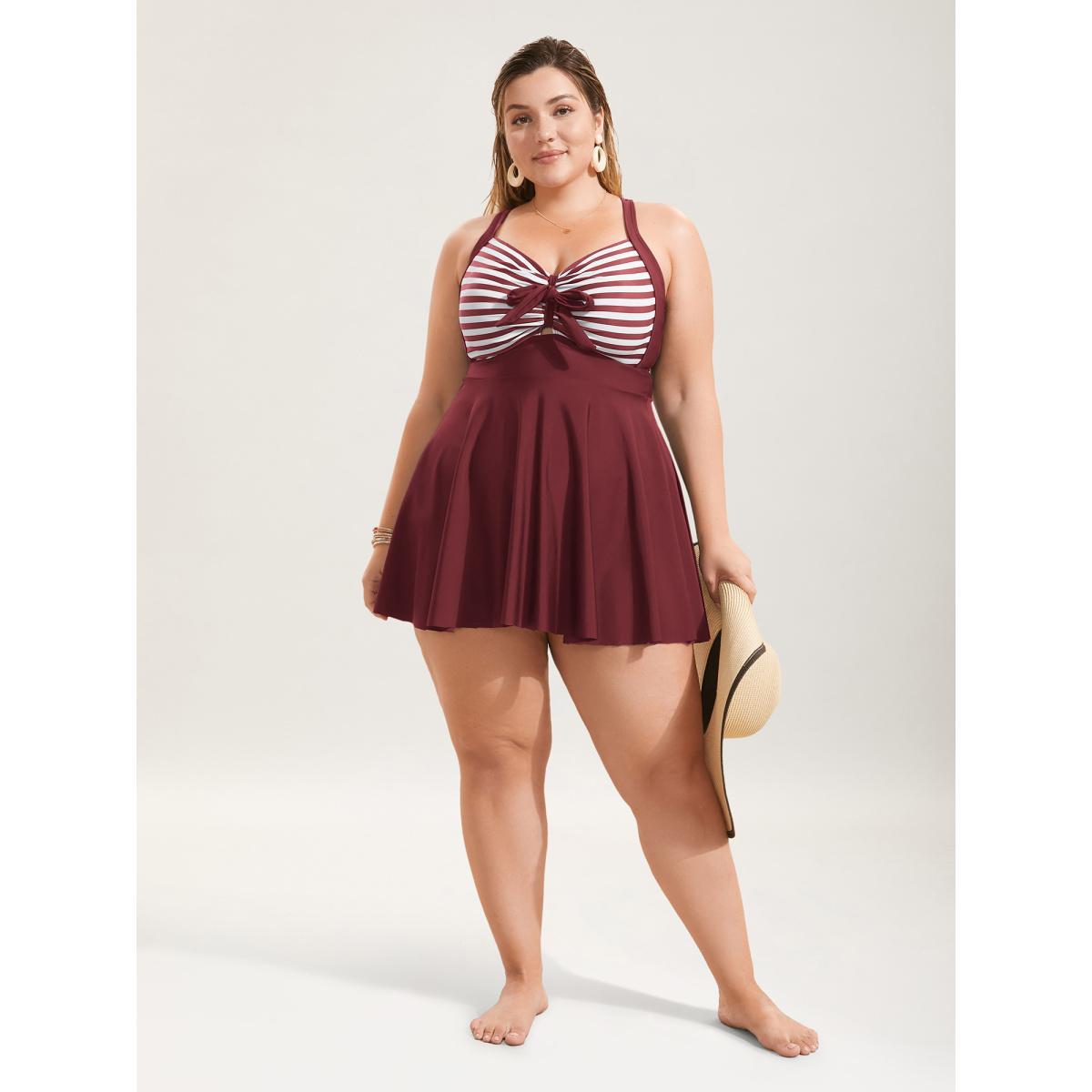 Plus Size Stripes Patchwork Tie Knot Cross Straps Swim Dress Women's Swimwear ArmyGreen Beach Bodycon Heart neckline High stretch Curve Swim Dresses BloomChic 14-16/1X Product Image