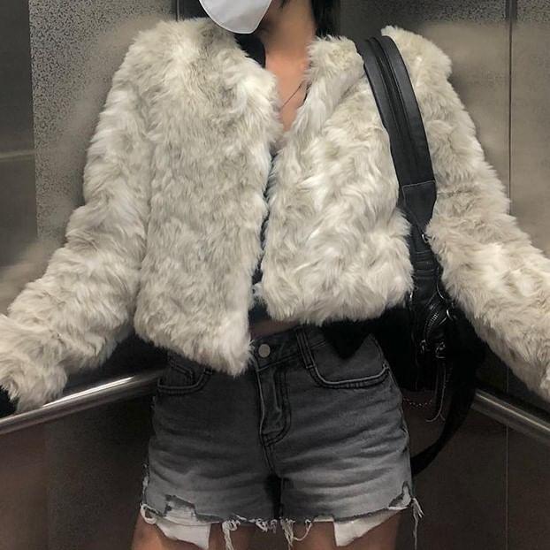 Crew Neck Plain Fluffy Open Front Crop Jacket Product Image