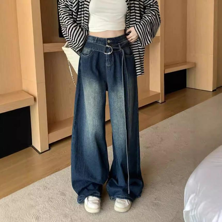 High Waist Belt Accent Washed Loose-Fit Wide-Leg Jeans Product Image