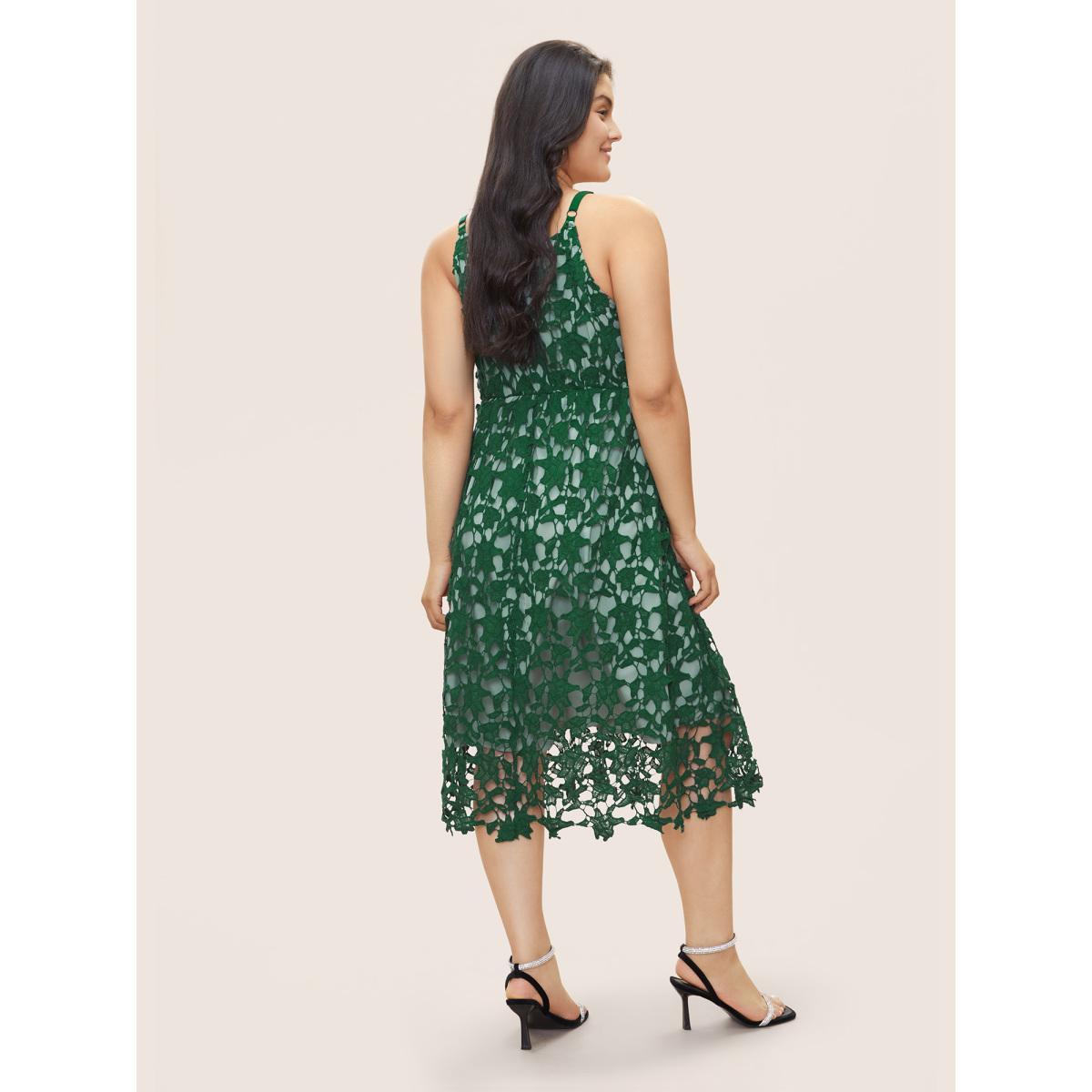 Plus Size Geometric Patchwork Cut Out Adjustable Straps Dress DarkGreen Women Cocktail Non V-neck Sleeveless Curvy Midi Dress BloomChic 26/4X Product Image