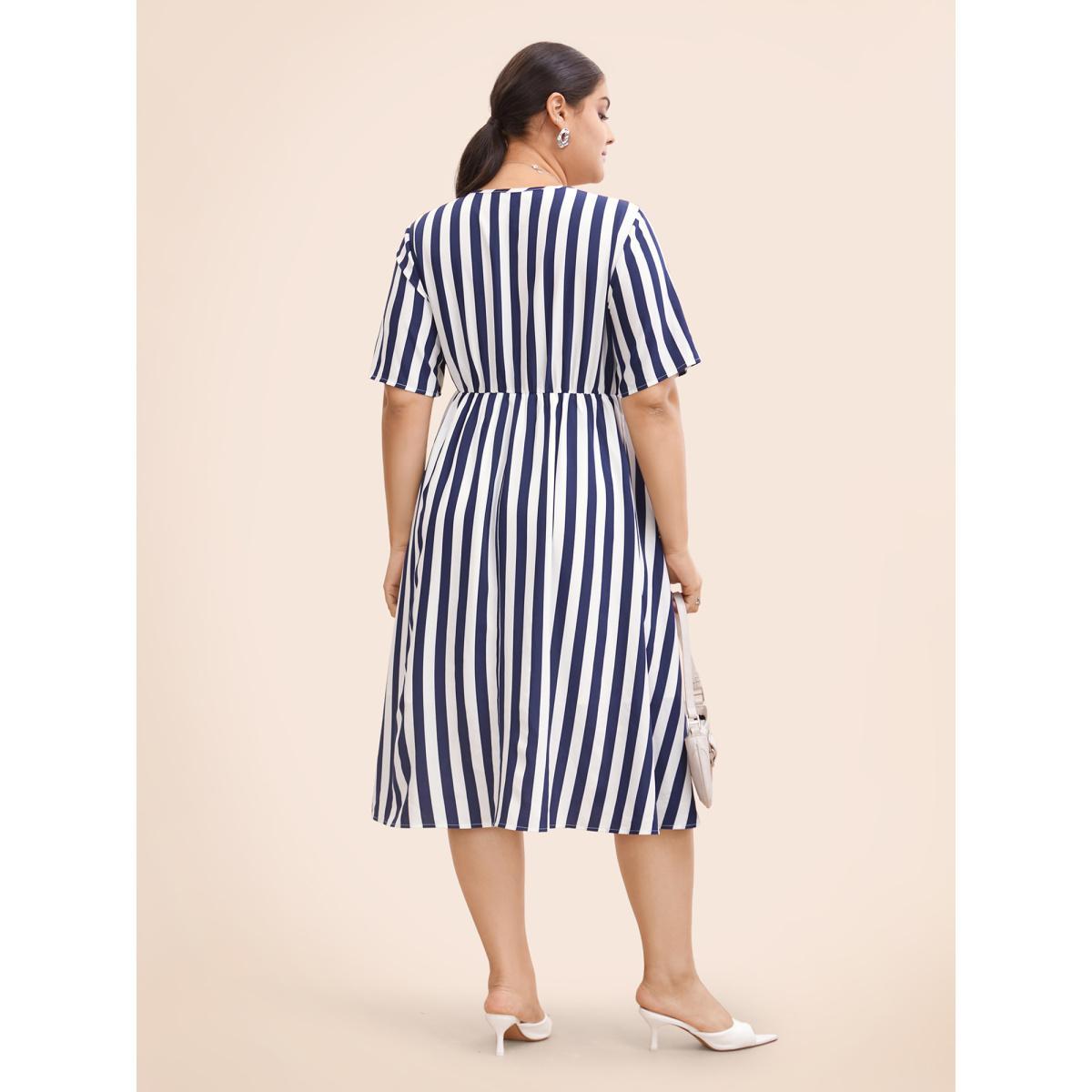 Plus Size Striped Overlap Collar Ruffle Sleeve Midi Dress Indigo Women At the Office Non Overlap Collar Half Sleeve Curvy BloomChic 14-16/1X Product Image