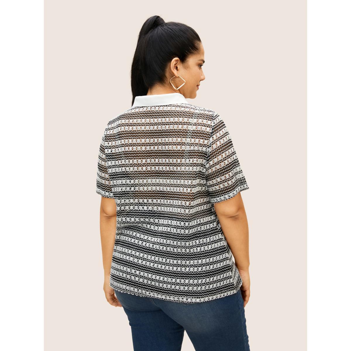 Plus Size Polo Neck Contrast Cut Out Button Up T-shirt Black Women Casual Contrast Polo Everyday T-shirts BloomChic 22-24/3X Product Image