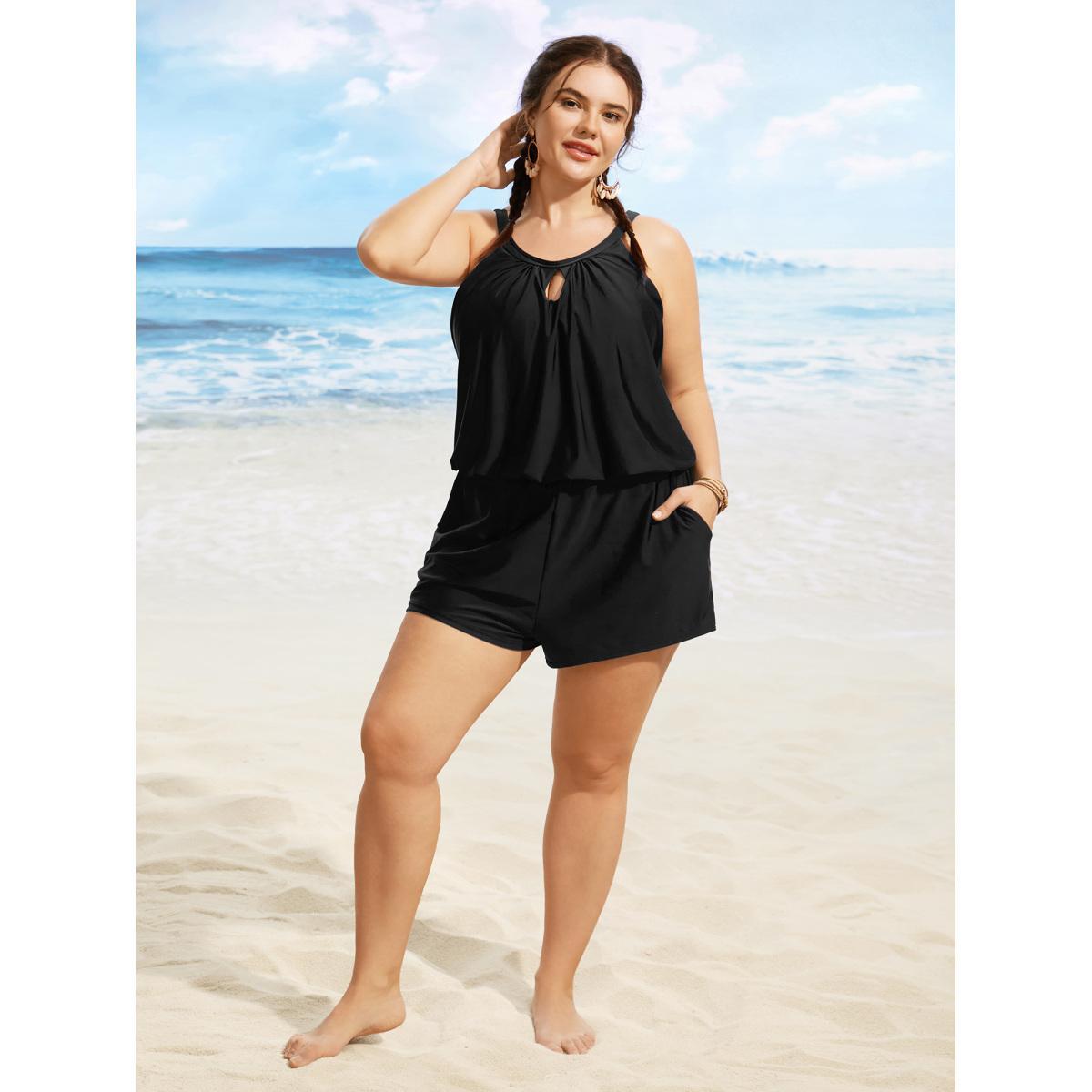Plus Size Solid Keyhole Elastic Waist Gathered One Piece Swimsuit Women's Swimwear Black Beach Gathered Curve Bathing Suits High stretch One Pieces BloomChic 10/M Product Image