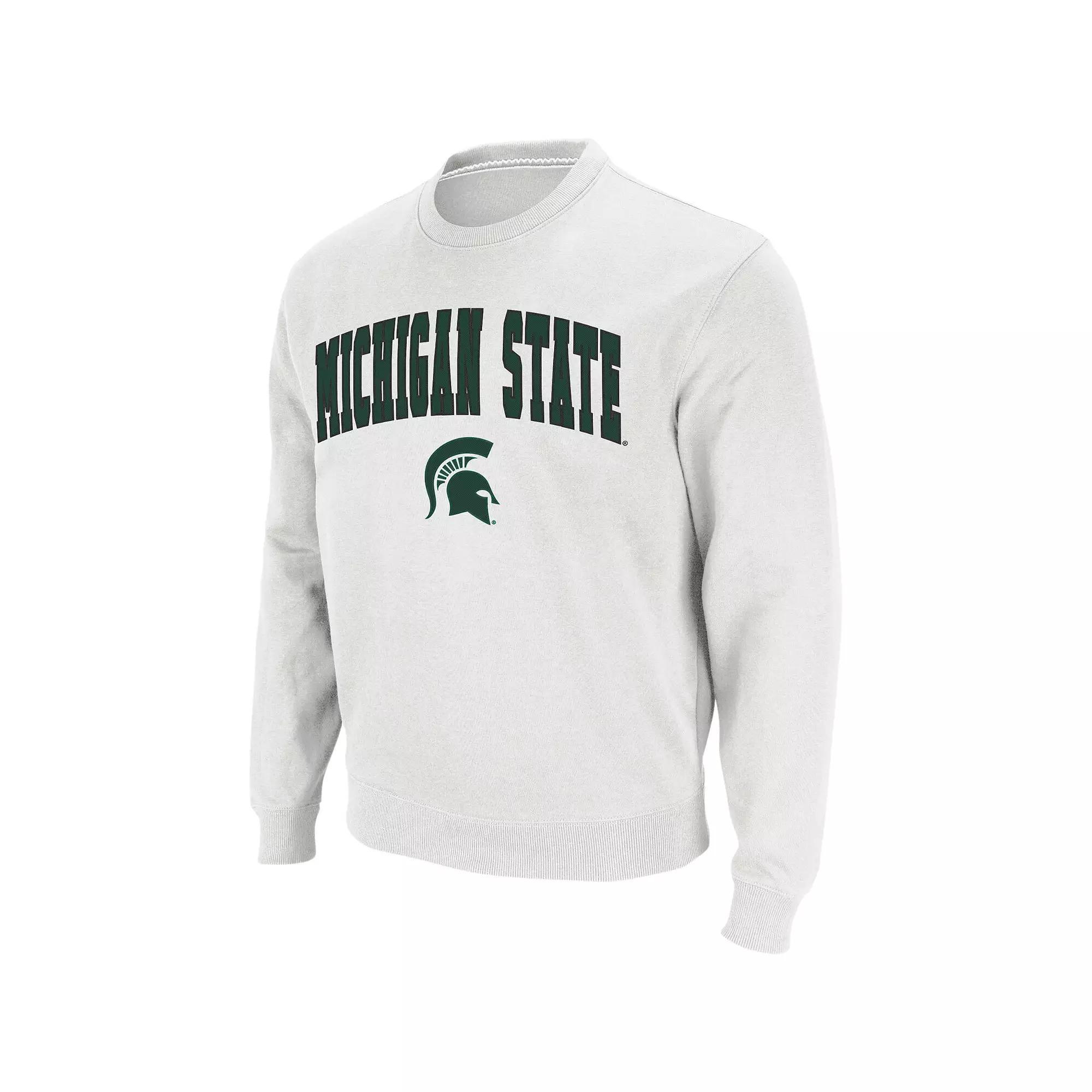 Men's Colosseum White Michigan State Spartans Arch & Logo Crew Neck Sweatshirt, Size: Medium Product Image