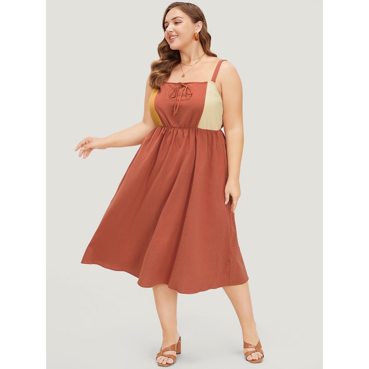 Plus Size Color Block Contrast Pocket Flutter Hem Knot Cami Dress Rust Women Casual Adjustable Straps Spaghetti Strap Sleeveless Curvy Midi Dress BloomChic 12/L Product Image