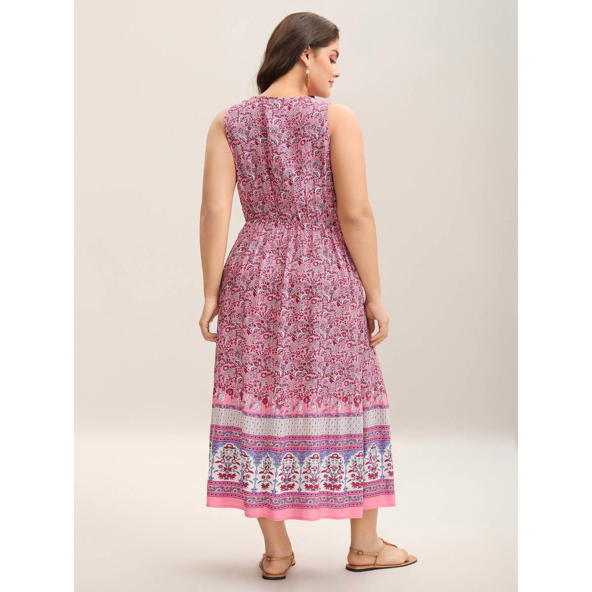 Plus Size Rayon Floral Print Stretchy Waist Maxi Dress DustyPink Women V-neck Sleeveless Curvy BloomChic 28/5X Product Image